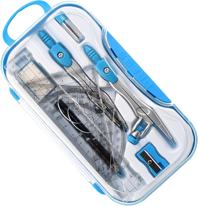 Unjoo Math Geometry Kit Sets 10 Piece Student Supplies with Shatterproof Storage Box,Includes Rulers,Protractor,Compass,Eraser,Pencil Sharpener,Lead Refills,Pencil,for Drafting and Drawings（Blue）