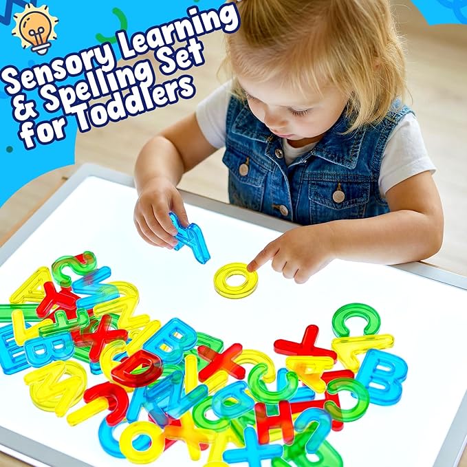 Bbiamsleep 52 Pcs Plastic Capital Letters, Colorful Transparent Uppercase Letters Light Table Manipulatives for Sorting Counting Training Spelling