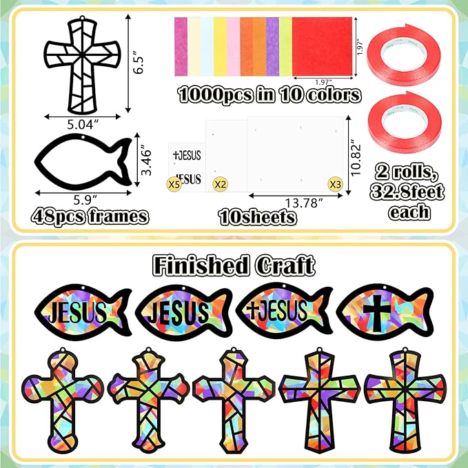 48PCS Sunday School VBS Crafts Bulk: Paper Cross Fish Nativity Suncatchers, Jesus Religious Christian Activity DIY Kits Church Decorations, Window Stained Glass Effect Art Supplies
