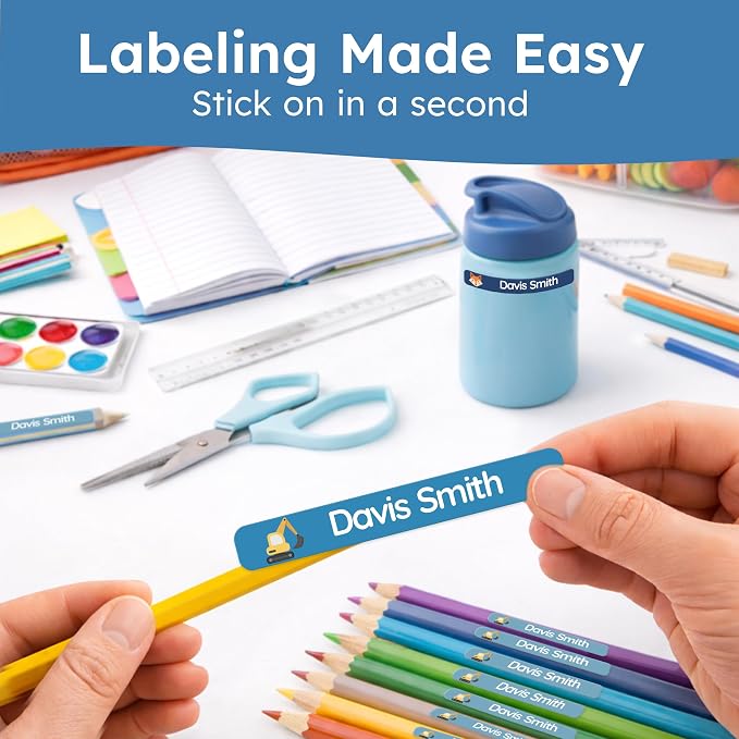 Personalized Kids Name Labels for Pencils Dark Blue [150pcs] - Waterproof Name Stickers for School & Daycare - Pencil Custom Name Stickers - Children Name Stick On Labels for Pens (2.0”x0.3”)