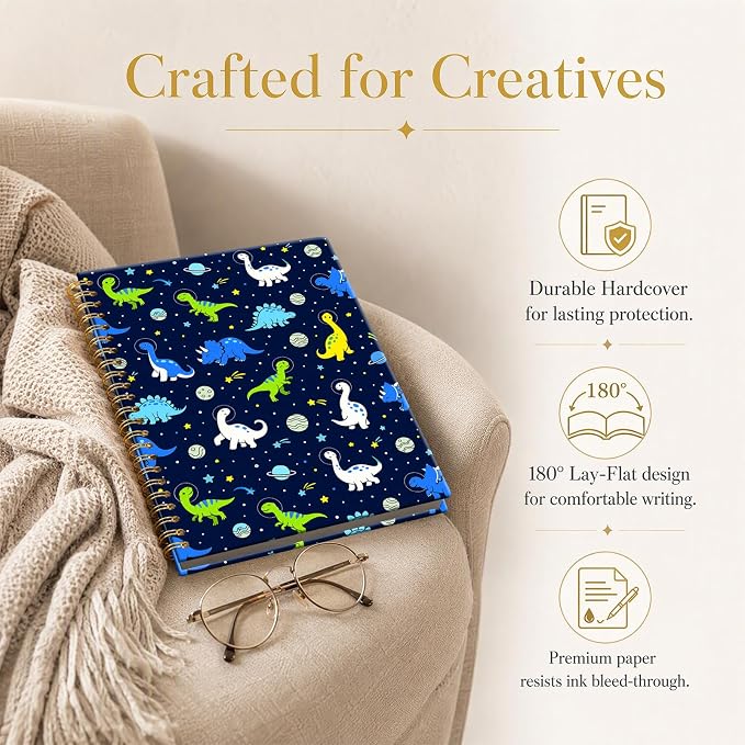 ATJFKIXL Cute Spiral Journal Notebook, A5 120 Page College Ruled Wirebound Notebook, Soft Cover for Students Office Notes and Planning - Dinosaur Planet