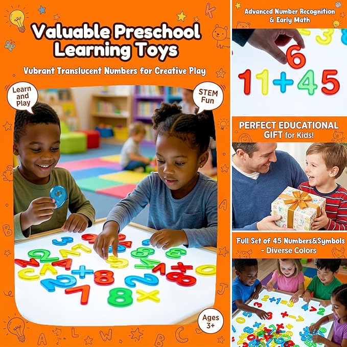Bbiamsleep 45 Pcs Plastic Numbers and Symbols, Colorful Transparent Numbers Light Table Manipulatives for Sorting Counting Training Spelling