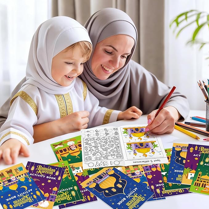 JAPBOR Ramadan Activity Coloring Books - Mini Happy Eid Mubarak Activities Color Book Bulk for Kids Party Favors, Ramadan Kareem Al Fitr Small Colour Pages for Class School Drawing Painting Games