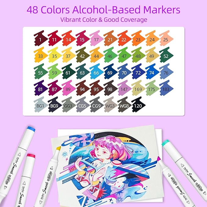 48 Colors Alcohol Markers, Dual Tip Art Markers with Fine Tip & Chisel Tips for Coloring, Illustrations, Drawing, Sketching for Adults