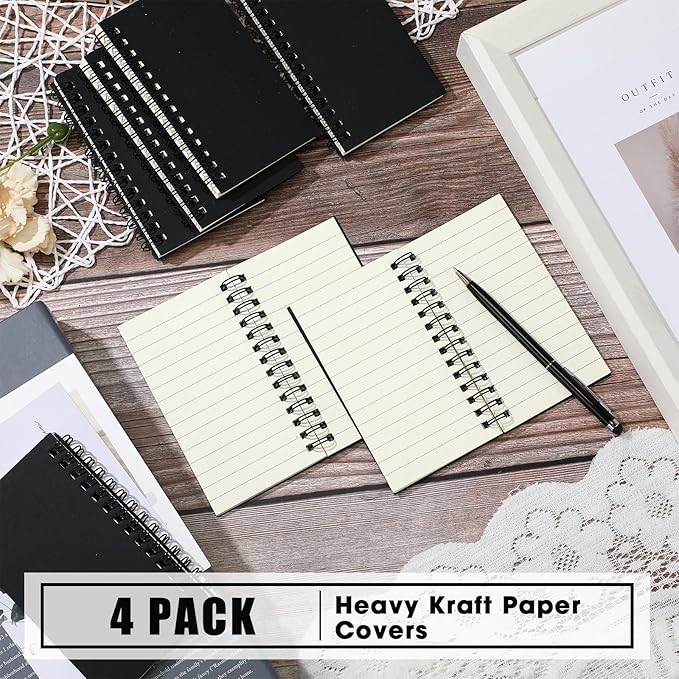 Jutom 4 Pcs Small Spiral Notebooks Memo Pads 3x5 Bulk Small Pocket Notebooks Mini Notepads with Lined Pages Mini Journals for Office School Work Supplies, 120 Pages (Black)