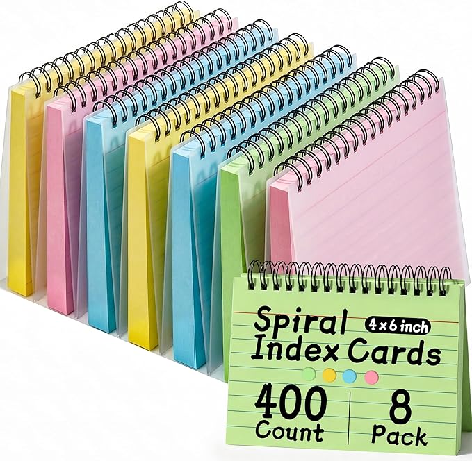 Koogel 400 PCS Spiral Index Cards 4x6 Ruled, Colored FlashCards with Rings and Waterproof PVC Covers, Heavyweight Perforated Note Cards for Studying, Note Taking, School Office Supplies (4 Colors)