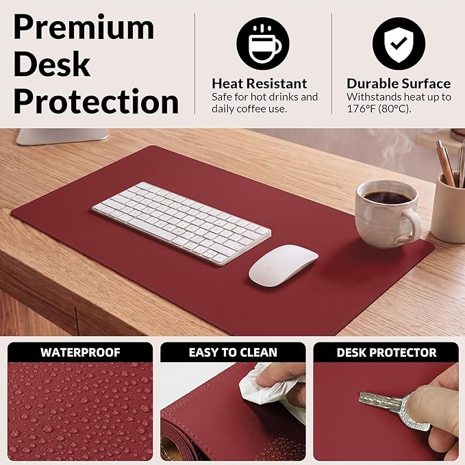 AFIING Leather Desk Pad Protector, Large Mouse Pad, Dual-Sided PU Leather & Natural Cork Desk Mat, Non-Slip Waterproof Laptop Desk Blotter for Office and Home, 23.6" x 13.7", Red