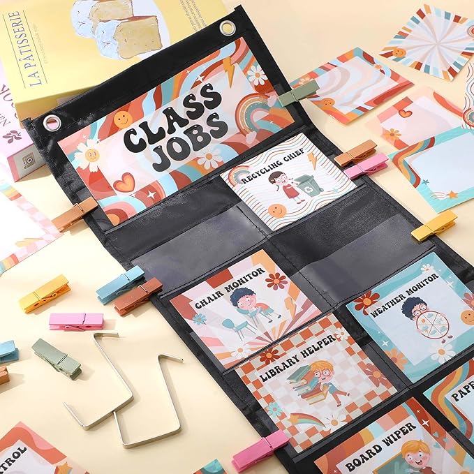 Pasimy Groovy Class Jobs Pocket Chart Class Helpers Pocket Chart Classroom Jobs Cards with Clips and Hooks Teacher Helper Bulletin Board Set for Back to School Classroom Teacher Supplies