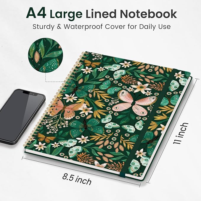 Taja Large Spiral Lined Journal for Women, 8.5" x 11" Notebooks for Work Collge Ruled, A4 Aesthetic Cute Journaling Notebooks for Writing, Plastic Cover, Butterfly