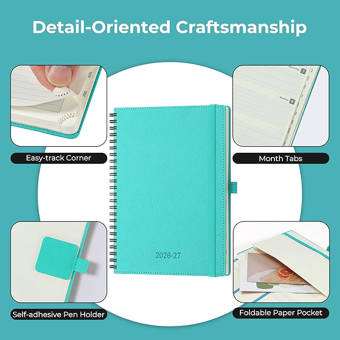 Planner 2026-2027 Daily Weekly and Monthly,8.5"x6.5",18 Months Spiral Bound Calendar Agenda with Self-adhesive Pen Holder,2026 Academic Plan with Vegan Leather Soft Cover,Light Blue