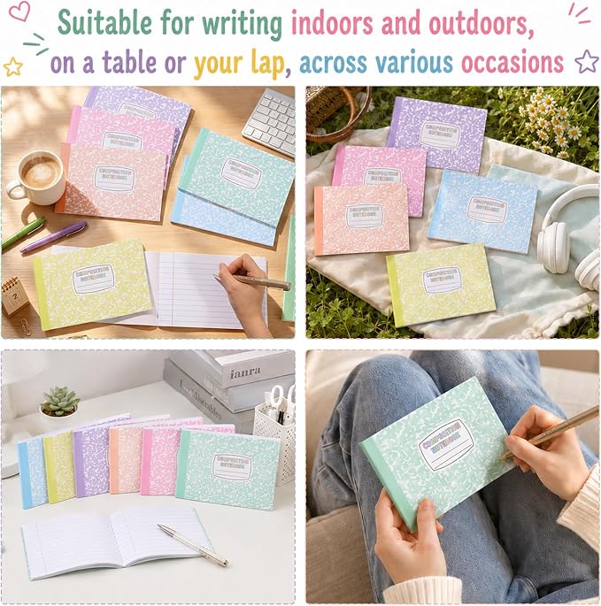 12 Pack Half Size Composition Notebooks Wide Ruled Marble Journal, Pastel