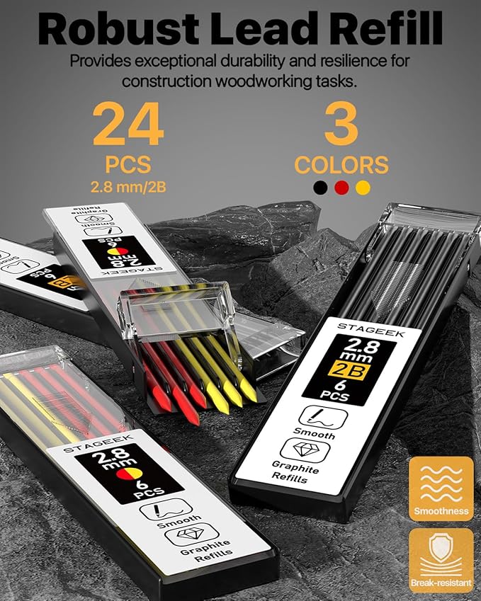 Carpenter Pencils with Sharpener, 2.8mm Mechanical Pencil Set with 26 Refills, Waterproof Deep Hole Long Nib Marker for Architect Marking, Heavy Duty Woodworking Tools for Construction Electricians