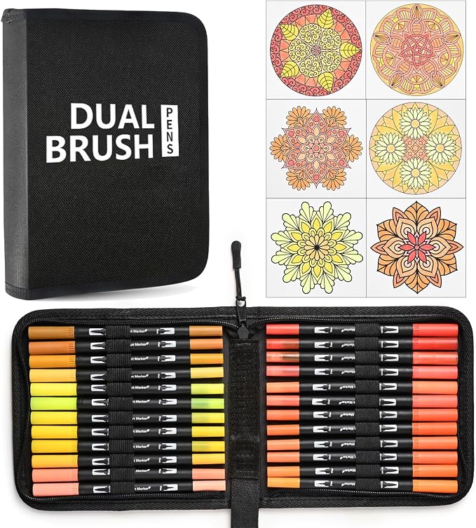 Orange&Yellow Dual Tip Brush Pen,Colored Fine & Brush Calligraphy Pens, Dual Tip Yellow Markers for Adult Coloring Books Drawing Planner Calendar Art Sketch Outlining Sketching Calligraphy