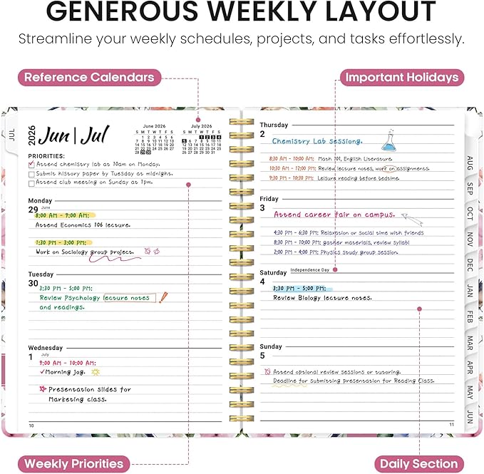 Planner 2026-2027, Academic Year Monthly and Weekly Calendar Planner, Jul 2026 - Jun 2027, Hardcover Teacher Student Planning Agenda book with Tabs, Perfect for School Office Supplies, 6.3" x 8.5" - Songbird Bloom