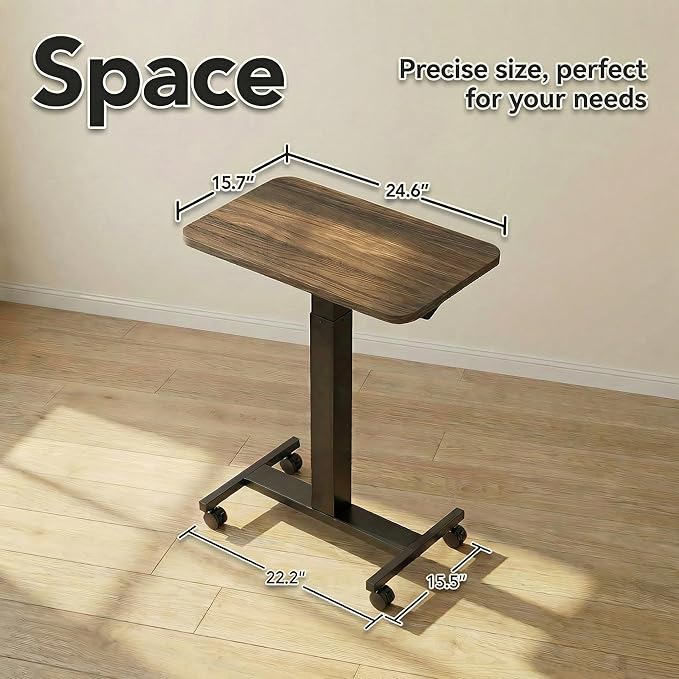 HUANUO Small Rolling Laptop Standing Desk, Height Adjustable Mobile T-Base Desk with Lockable Casters, Portable Sit-Stand Workstation for Bedside & Sofa, Walnut