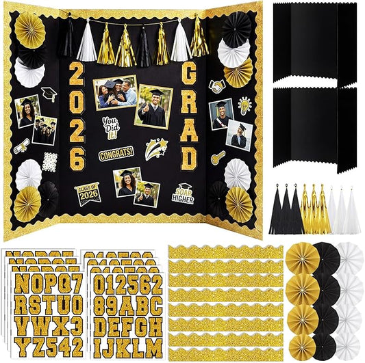 31 Pcs Graduation Photo Display Board Decoration 40"x28" Trifold Poster Board Graduation Themed Stickers Grad Fan Tassel Garland for 2026 Grad Party College Picture Frame(Black Gold Silver)