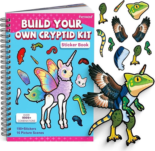 PARTYWIND Sticker Book for Toddlers, Cryptid Animals Sticker Book with 16 Scenes + 11 Sheet Stickers for Boy & Girl, Airplane Travel Toy Essentials, Cryptid Construction Kit Book for Kids Age 3-5
