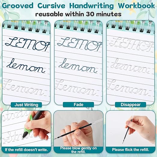 gisgfim Grooved Cursive Handwriting Workbook Magic Reusable Grooved Cursive Handwriting Practice Guided Tracing with Disappearing Ink Pens for Beginners Kids Learning Activities Supplies (Words)