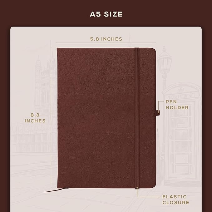BEECHMORE BOOKS A5 Dotted Journal – 160gsm Thick Paper No-Bleed Bullet Notebook – Hardcover Dot Grid Logbook with Presentation Gift Box – Vegan Leather Sketchbook for Artists & Professionals