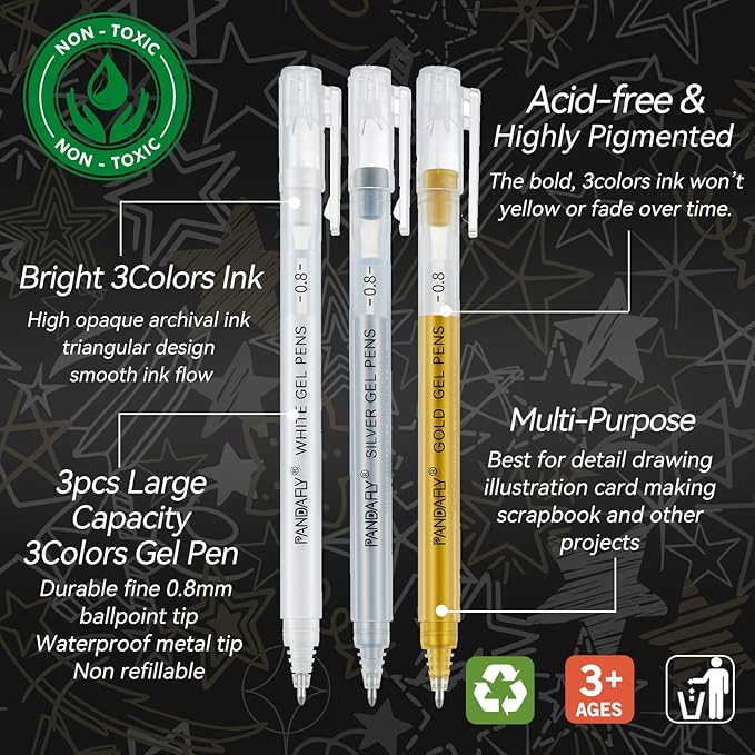 PANDAFLY Gold Silver White Gel Pens, 0.8mm Fine Point Opaque Archival Ink Pen for Journaling, Art, or Drawing - For Artist Gifts, Holiday Gifts & DIY Projects, 3 Pack