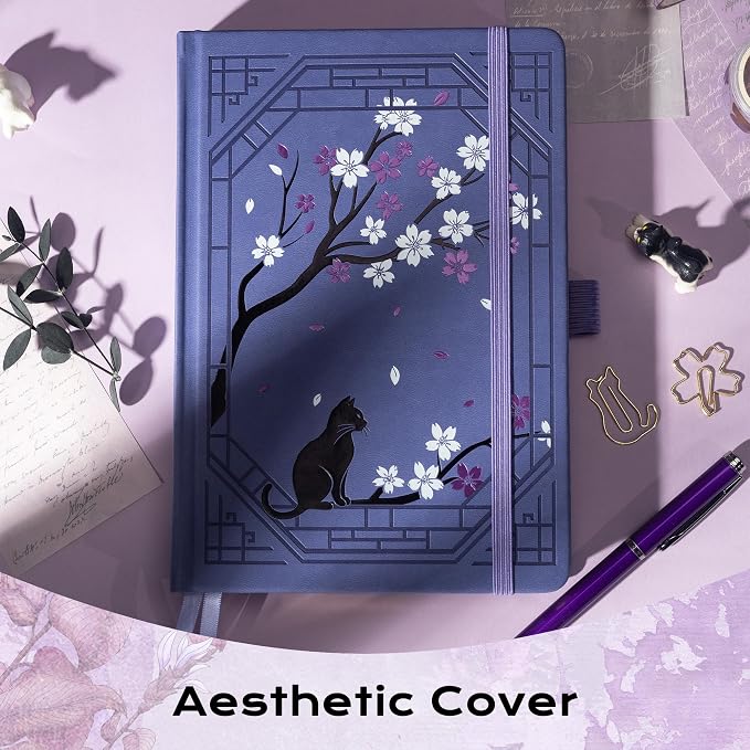 TIEFOSSI A5 Dotted Journal, Cute Cat Journal for Women Girls, Dot Notebook with Pretty Sakura Pattern, Aesthetic Diary for Writing Journaling Drawing, Golden Edges