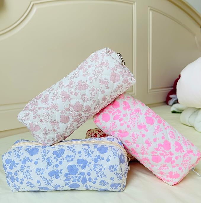 Cute Mini Quilted Makeup Bag for Women Travel Cosmetic Bags Lightweight Coquette Aesthetic Floral Toiletry Organizer Case (O-Hot Pink)