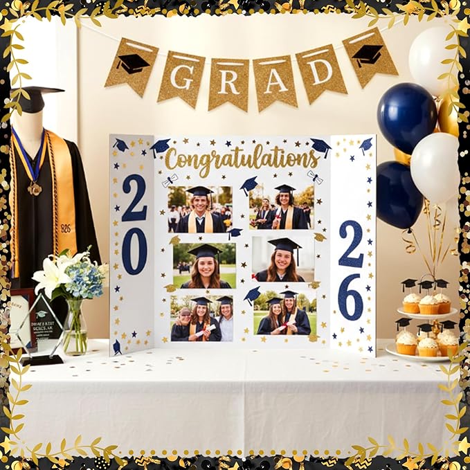 Eaasty 4 Pack Graduation Photo Display Board Decoration 24 X16 Inch Trifold Poster Board with Banners White Trifold Picture Display for Table Decor Class of 2026 Grad Party Collage Frame Supplies