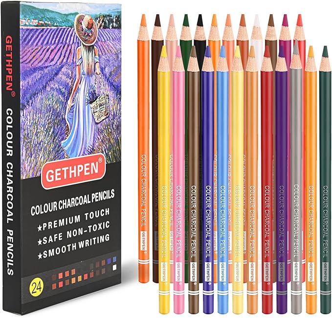 GETHPEN Pastel Chalk Colored Pencils,Set of 24 Colors,Pastel Colored Pencils,Color Charcoal Pencils for Drawing Sketching Coloring Shading,Art Supplies for Adults Artists., G928-24