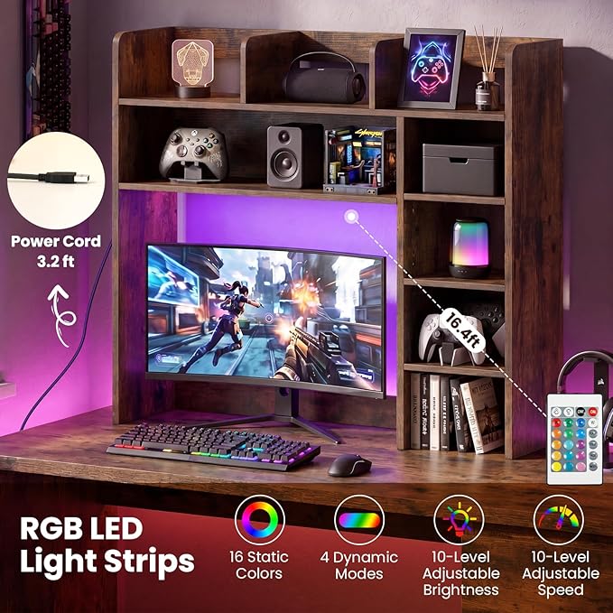 Giantex Desktop Bookshelf with LED Lights, 35.5" Desk Hutch Dorm for Up to 25 Inch Computer Monitors with Adjustable Storage Shelves, Wood Desk Organizer Shelves for Home Office (Rustic Brown)