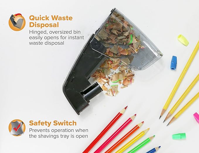 Bostitch Office Battery Pencil Sharpener, Hinged Tray, Colored Pencil Compatible, Black