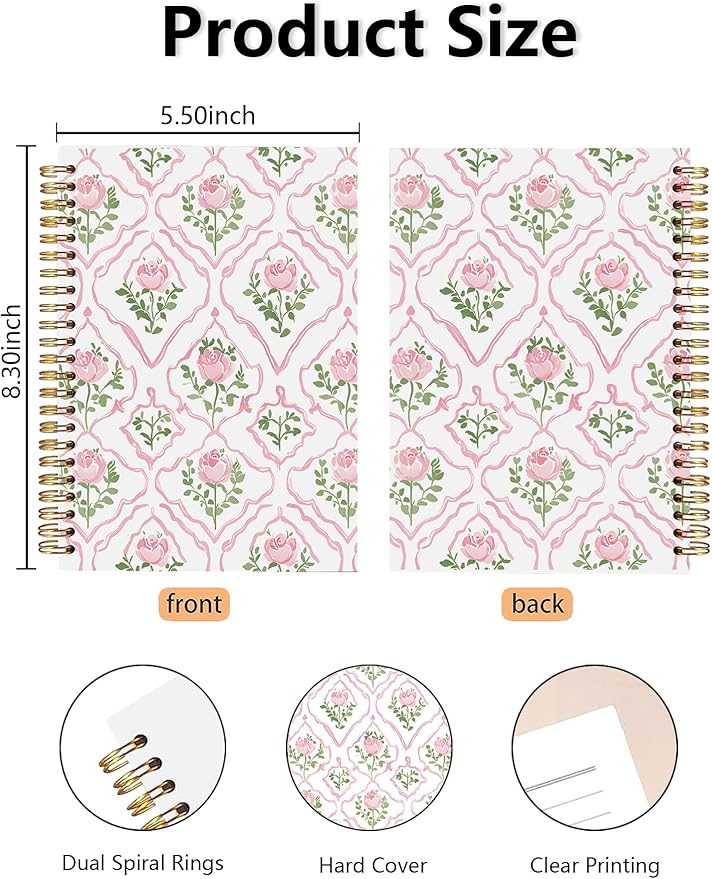 Pink Rose Floral Spiral Notebook, Preppy Floral Girly Aesthetic Journal, Pink Flower Journal for Women, Grandmillennial Flower Notebook 5.5x8.3 Inch-376