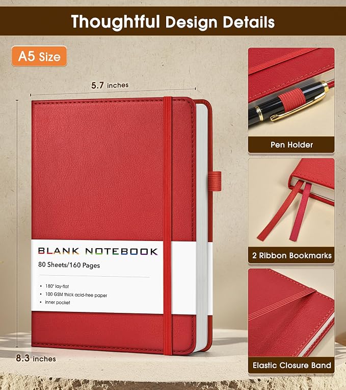 Journal Notebook, A5 Leather Hardcover Blank Sketchbook, 160 Pages, 180° Lay-Flat Binding, 100 GSM Thick Paper, for Sketching, Drawing, Art Journaling & Creative Writing, Red