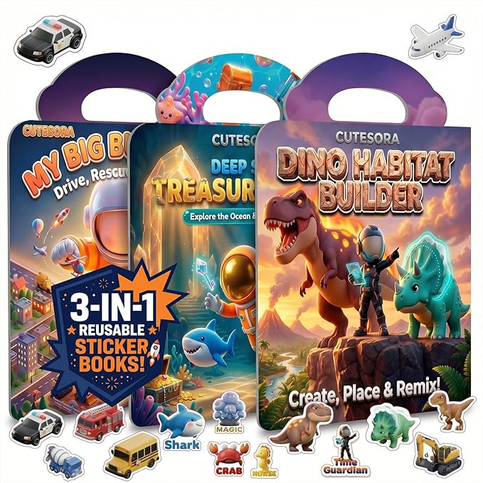 3 Sets Reusable Sticker Books for Toddlers 3-6, Jelly Sticker Book Toddler 1-3, Boys Books,Dinosaur City Ocean Waterproof Travel Toys for Kids Ages 3 4 5