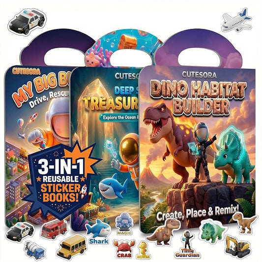 3 Sets Reusable Sticker Books for Toddlers 3-6, Jelly Sticker Book Toddler 1-3, Boys Books,Dinosaur City Ocean Waterproof Travel Toys for Kids Ages 3 4 5