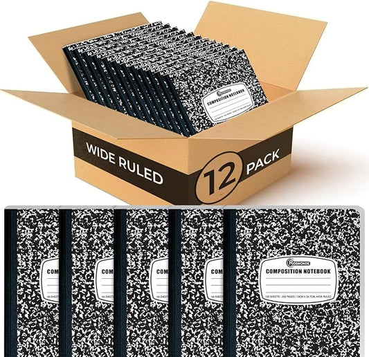 Rosmonde 12 Pack Composition Notebook Wide Ruled Bulk, 200 Pages (100 Sheets), 9-3/4 x 7-1/2", Hard Cover Wide Ruled Notebook Bulk, Black Marble Composition Notebooks, Bulk School Notebooks