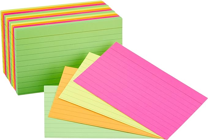 Amazon Basics Ruled Index Flash Cards for Studying and Note Taking, Color Coding, Assorted Neon Colors, 3" x 5", 300-Count