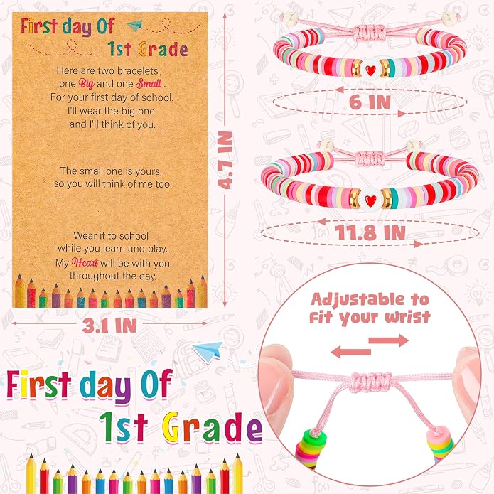 Back to School Supplies, First Day of Kindergarten Bracelet, Back to School Bracelet Mommy and Me, Prek Matching Wish Bracelets Set, Adjustable Bracelet for Boys Girls Gifts Stuff Bulk