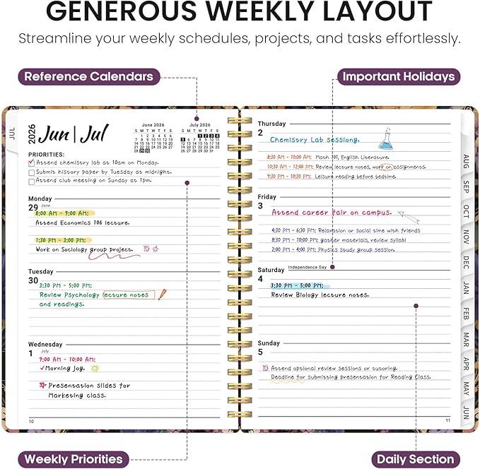 Planner 2026-2027, Academic Year Monthly and Weekly Calendar Planner, Jul 2026 - Jun 2027, Hardcover Teacher Student Planning Agenda book with Tabs, Perfect for School Office Supplies, 6.3" x 8.5" - Midnight Bloom