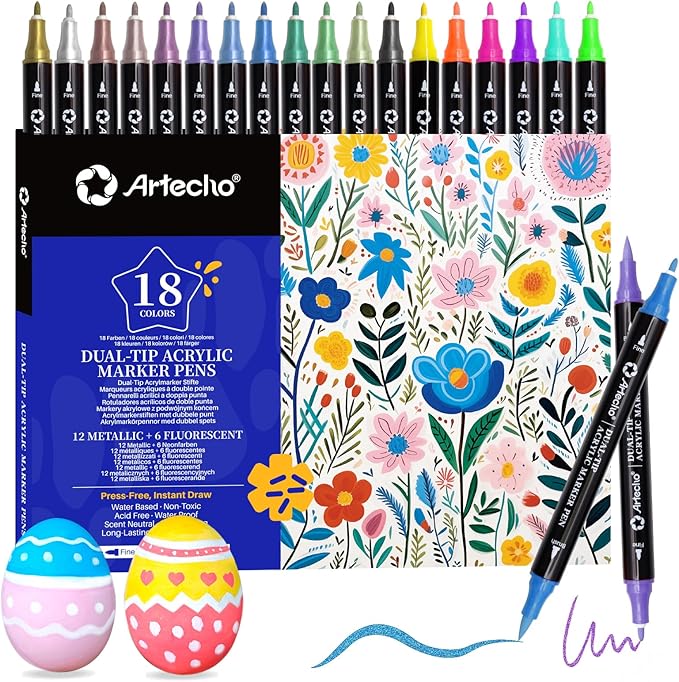 Artecho Acrylic Paint Markers 18 Colors include 12 Metallic + 6 Fluorescent Colors, for Stone, Rock Painting, Paper, Pumpkin, Wood, Egg, Canvas, Ceramic, Fabric, leather, Glass, DIY Crafts