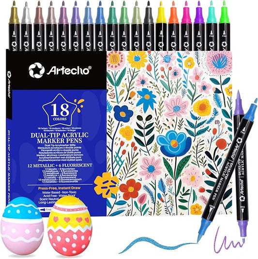 Artecho Acrylic Paint Markers 18 Colors include 12 Metallic + 6 Fluorescent Colors, for Stone, Rock Painting, Paper, Pumpkin, Wood, Egg, Canvas, Ceramic, Fabric, leather, Glass, DIY Crafts
