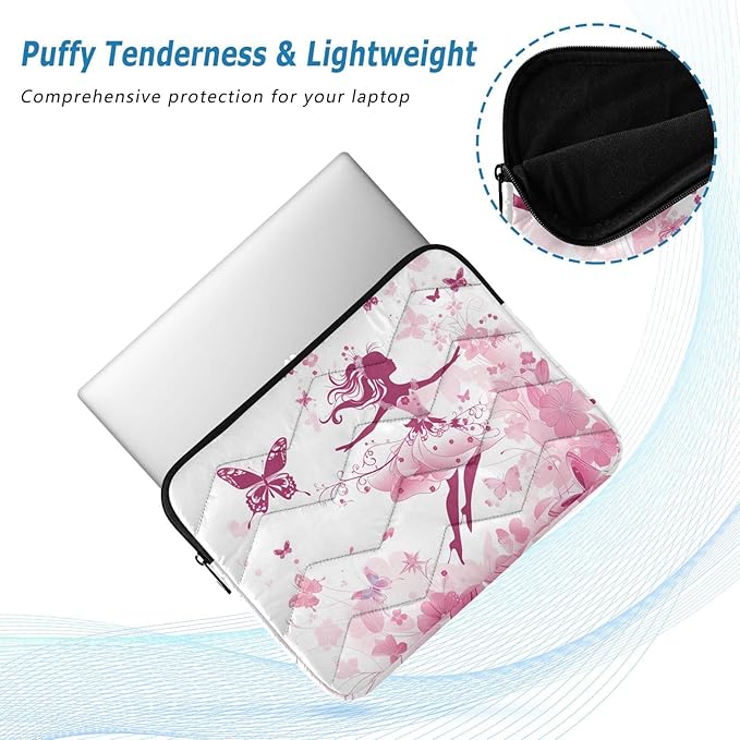 Butterfly Floral Fairy Laptop Sleeve Case Quilted Slim Bag with Smooth Zipper, Fits MacBook Pro/Air and 13-16 Inch Laptops, Protective Lightweight Office and Travel Briefcase
