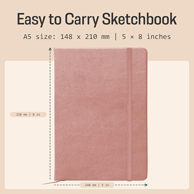 BROWNSTONE JOURNALS A5 Sketch Book Hardcover - 80 Sheets 100 GSM Paper 5"x8", Lay Flat, Vegan Leather Cover, Elastic Band, Back Pocket, Art Drawing Book (Rose Wood)