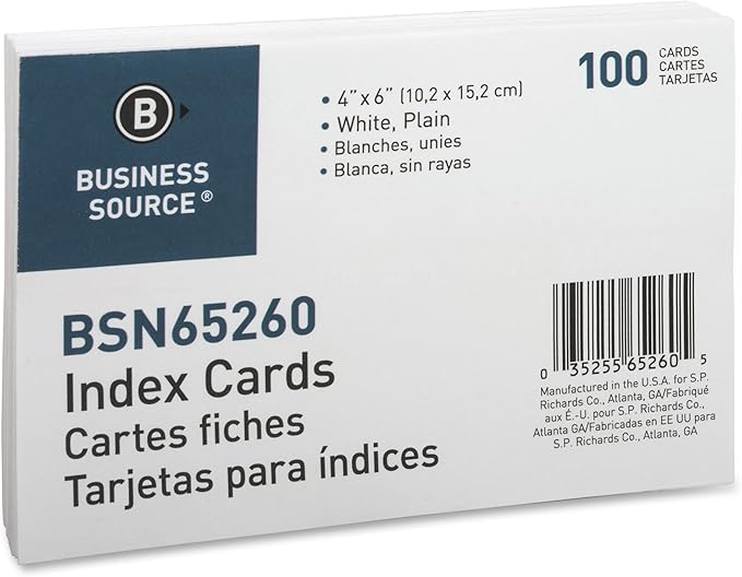 Business Source, BSN65260, Plain Index Cards, 100 / Pack
