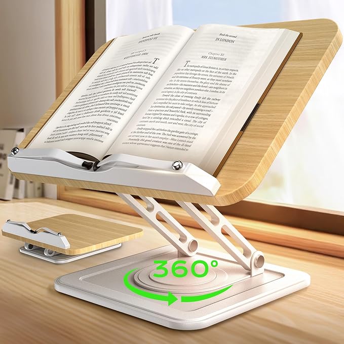 Book Stand for Reading, Adjustable Book Holder with 360°Rotating Bases, Ergonomic Cookbook Stand Recipe Book Holder with Elastic Page Clips for Magazines, Tablets, Laptops,White