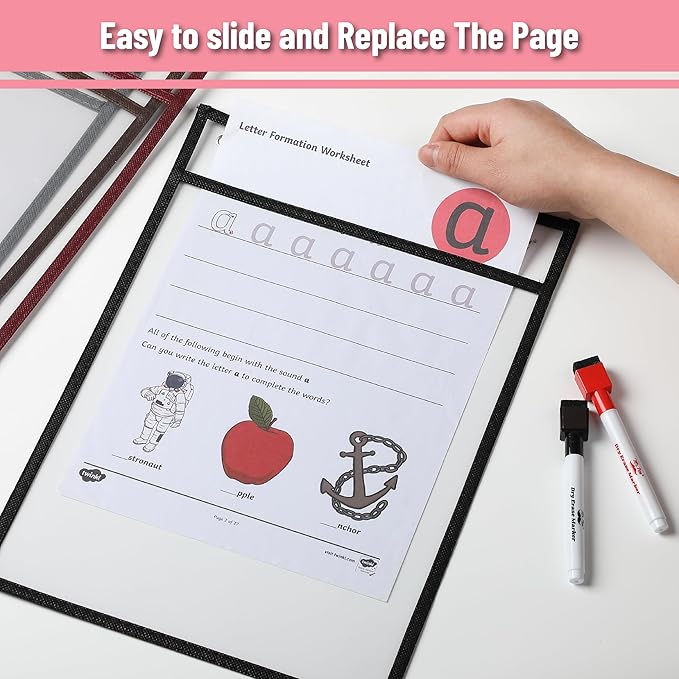 Mr. Pen- Reusable Dry Erase Pocket Sleeves, 10" x 14", 6 Pack, Sleek Dark Color, Clear Plastic Paper Sleeves, Ticket Holders, Clear Plastic Sheet Protectors, Teacher, School, Classroom Supplies