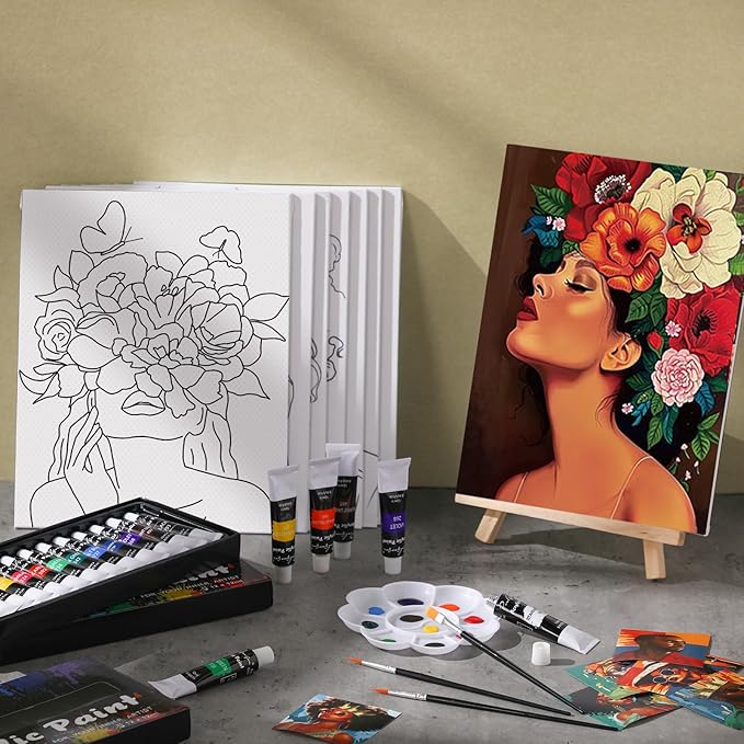 Cholemy 36 Pcs Paint and Sip Kit for Adults 8''x10'' Pre Drawn Canvas for Painting DIY Afro Acrylic Painting Kit Wood Easel Brushes Date Night Bulk for Father's Day Party Gifts(Flower Lady)