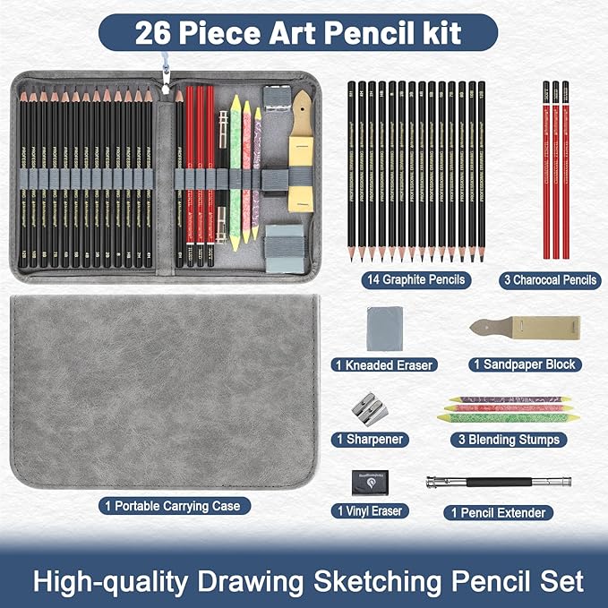 Heshengping Sketching and Drawing Pencils Set 26pcs, Art Supplies Drawing pencil Kit,Graphite Charcoal Professional Pencils Set, Adults Beginners Artist