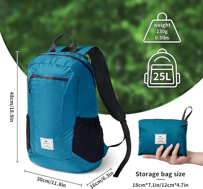 Naturehike 25L Lightweight Hiking Backpack, Waterproof Camping Packable Backpack Ultralight for Travel, Airplane, Small Hiking Daypack for Adults, Blue