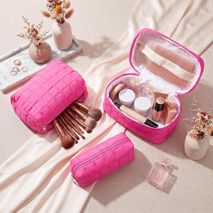 Huhumy 3 Pcs Large Puffy Makeup Bag Set Quilted Cosmetic Pouch for Women Cute Checkered Travel Toiletry Bag Puffer Makeup Organizer Purse Pouch Preppy Pencil Case with Zipper Valentine Gift (Hot Pink)