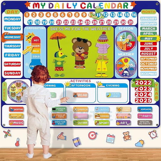 My Daily Calendar Felt Board for Kids Preschool Classroom Calendar 3.5Ft Circle Time Learning Center All About Today Activities Bear Dress Emotion Weather Season Days of the Week for Toddlers Learning